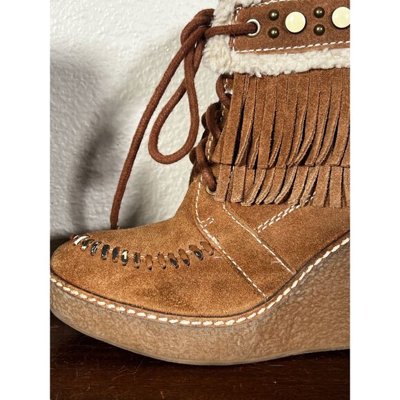 Sam Edelman Kemper Wedge Boots  Womens Sz 5 Suede Fringe Studded Platform - Picture 7 of 11
